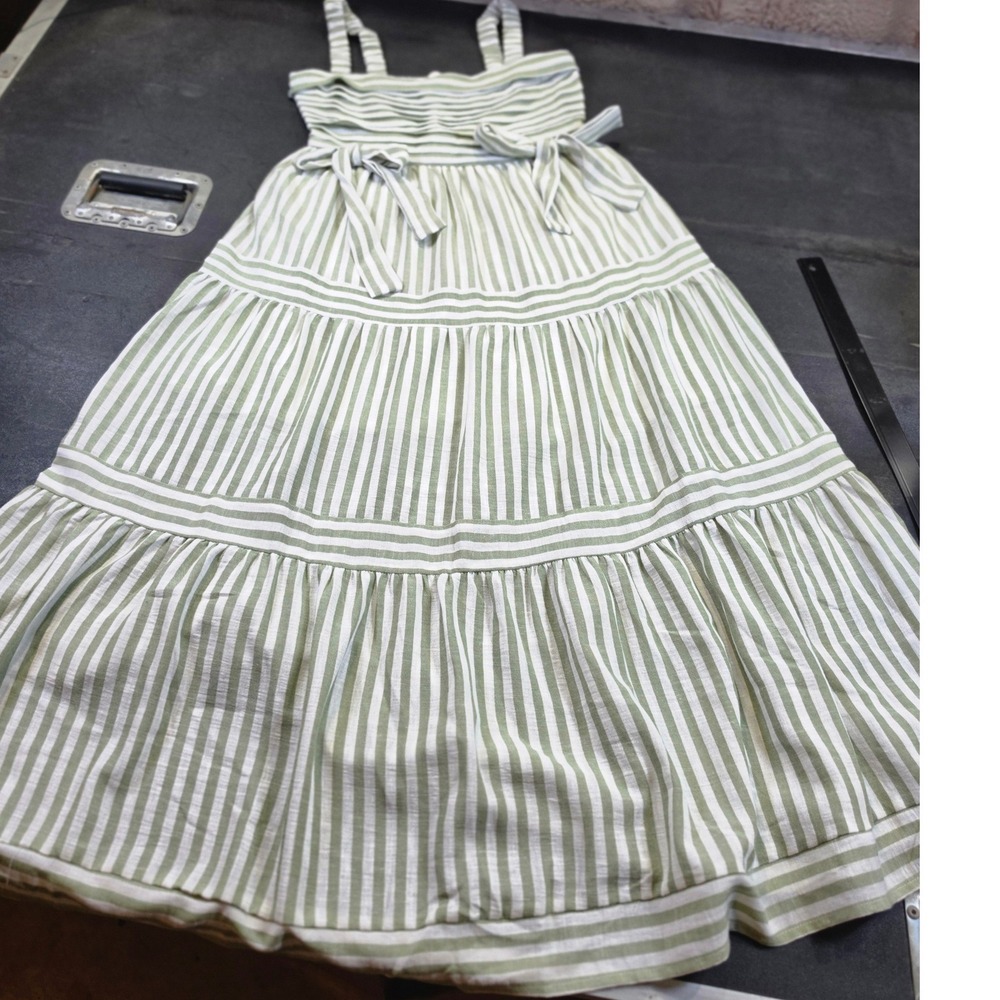 The River Sage Green White Striped Tiered Midi Dress Smocked Back Cottage Medium